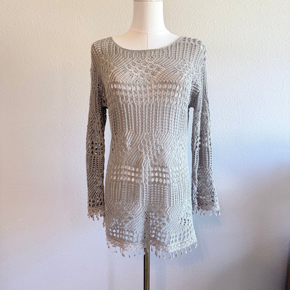 Boho Crochet Knit Tunic Sweater Grey Long Sleeve Fringe Beach Coverup Summer S/M